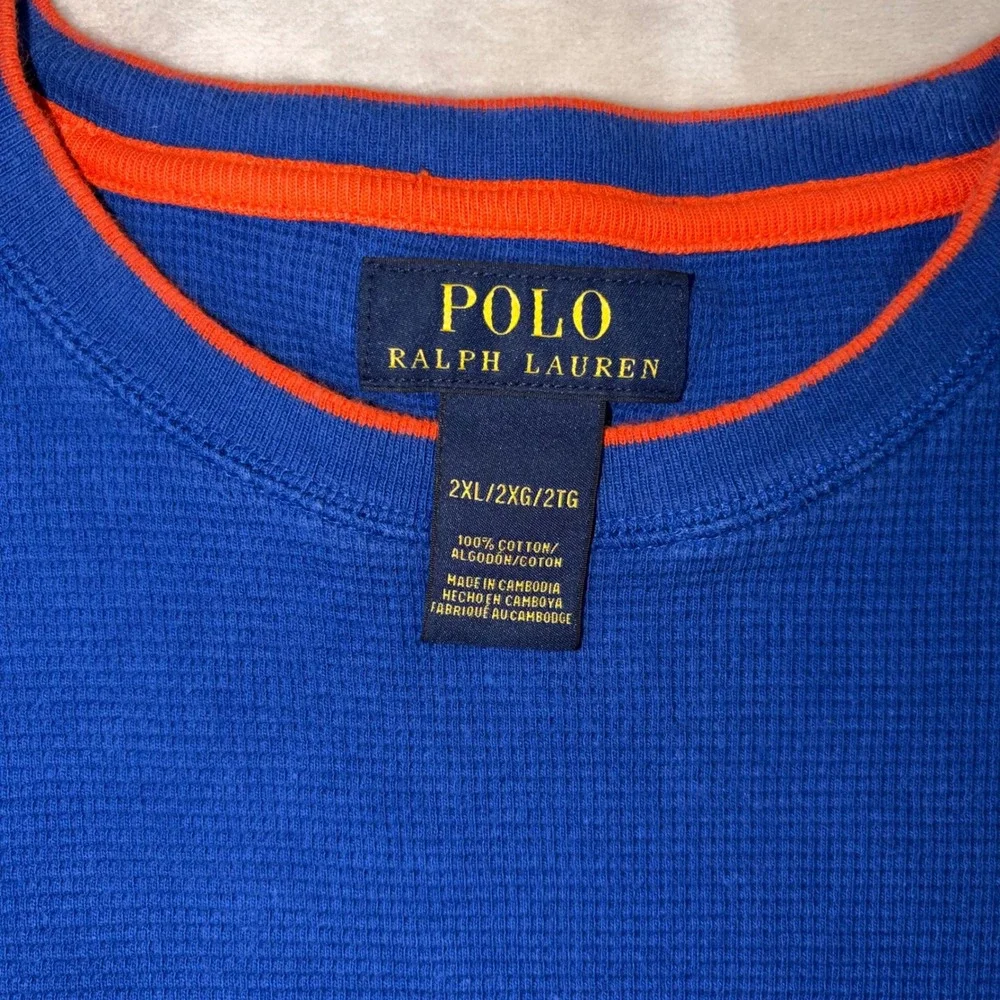 Polo Ralph Lauren Mens 2XL Royal Blue Orange Waffle Knit Thermal Long Sleeve Top